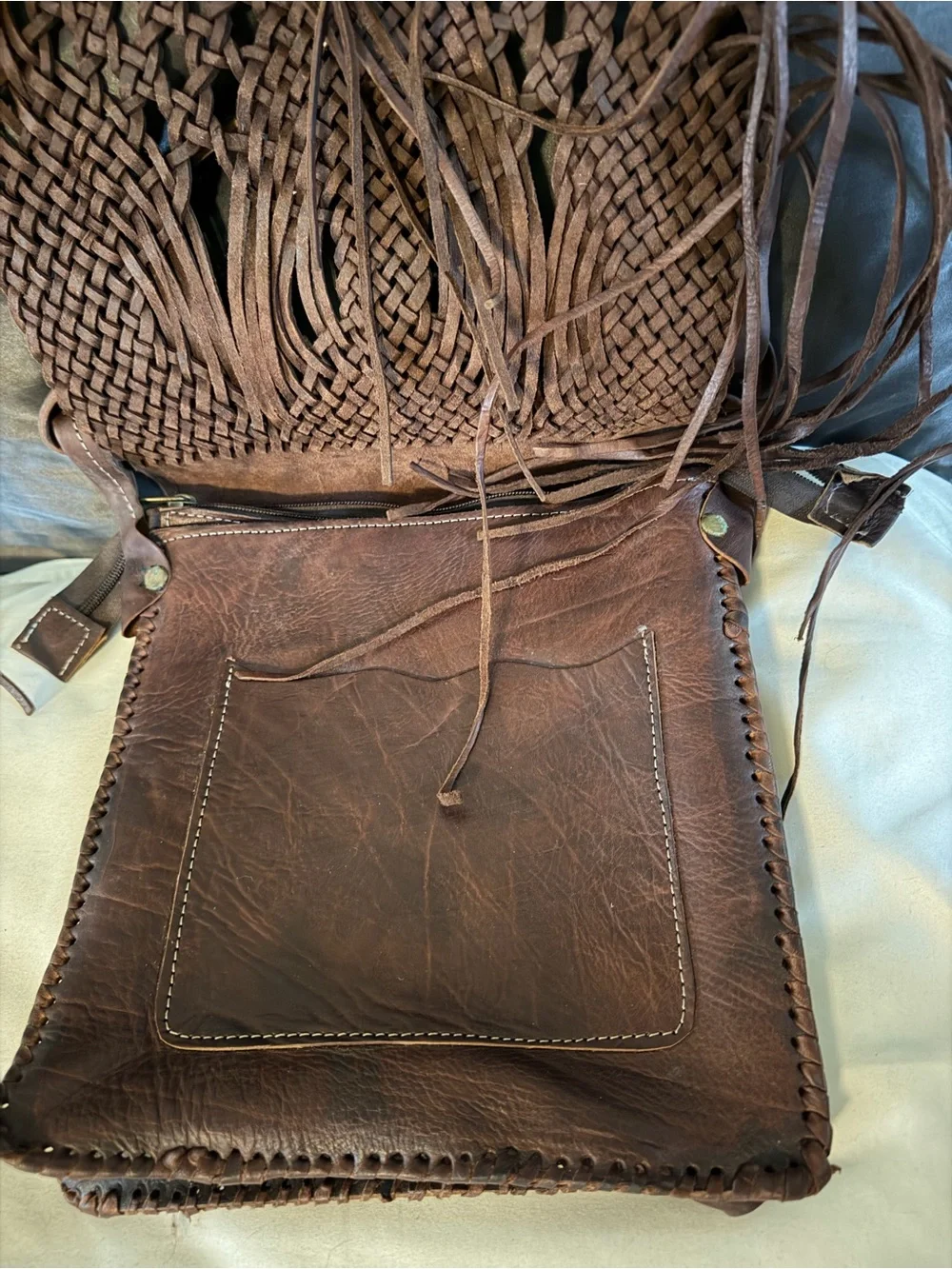 Amazing Vintage Woven n Fringed Patina Brown Crossbody/Shoulder Bag